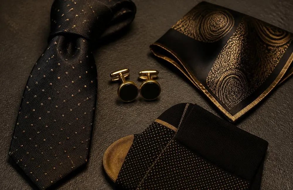 Complimentary tie, socks, pocket square and cufflinks